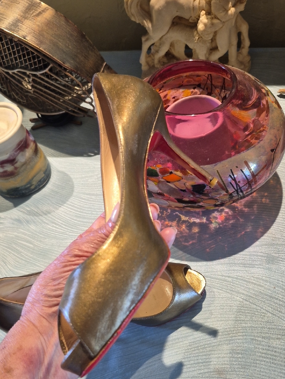 Christian Louboutin Mater Claude Bronzo 85 Calf  Peep-Toe  Heels Sz 38. - Picture 14 of 16